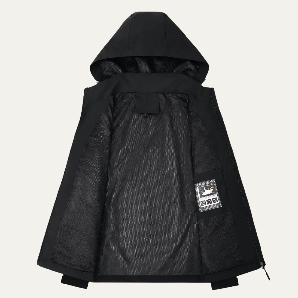 Black hooded rain jacket with inner lining and logo patch