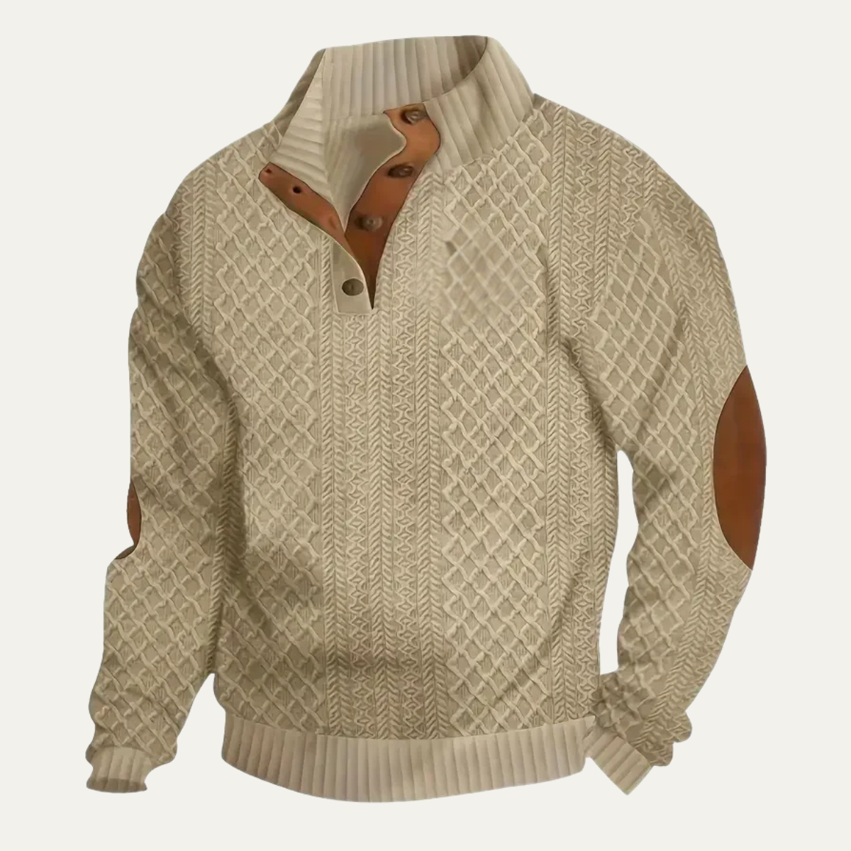 Men's patterned fleece sweater with suede elbow patches, buttoned half placket, khaki