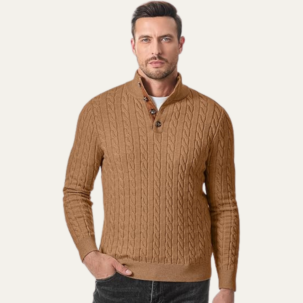 Men's khaki cable-knit collar-stand sweater with brown button placket