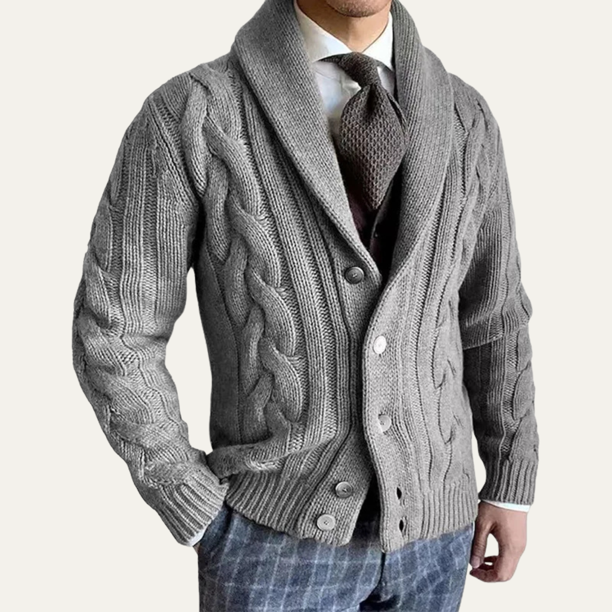 Dark gray cable knit shawl-collar button cardigan, front open