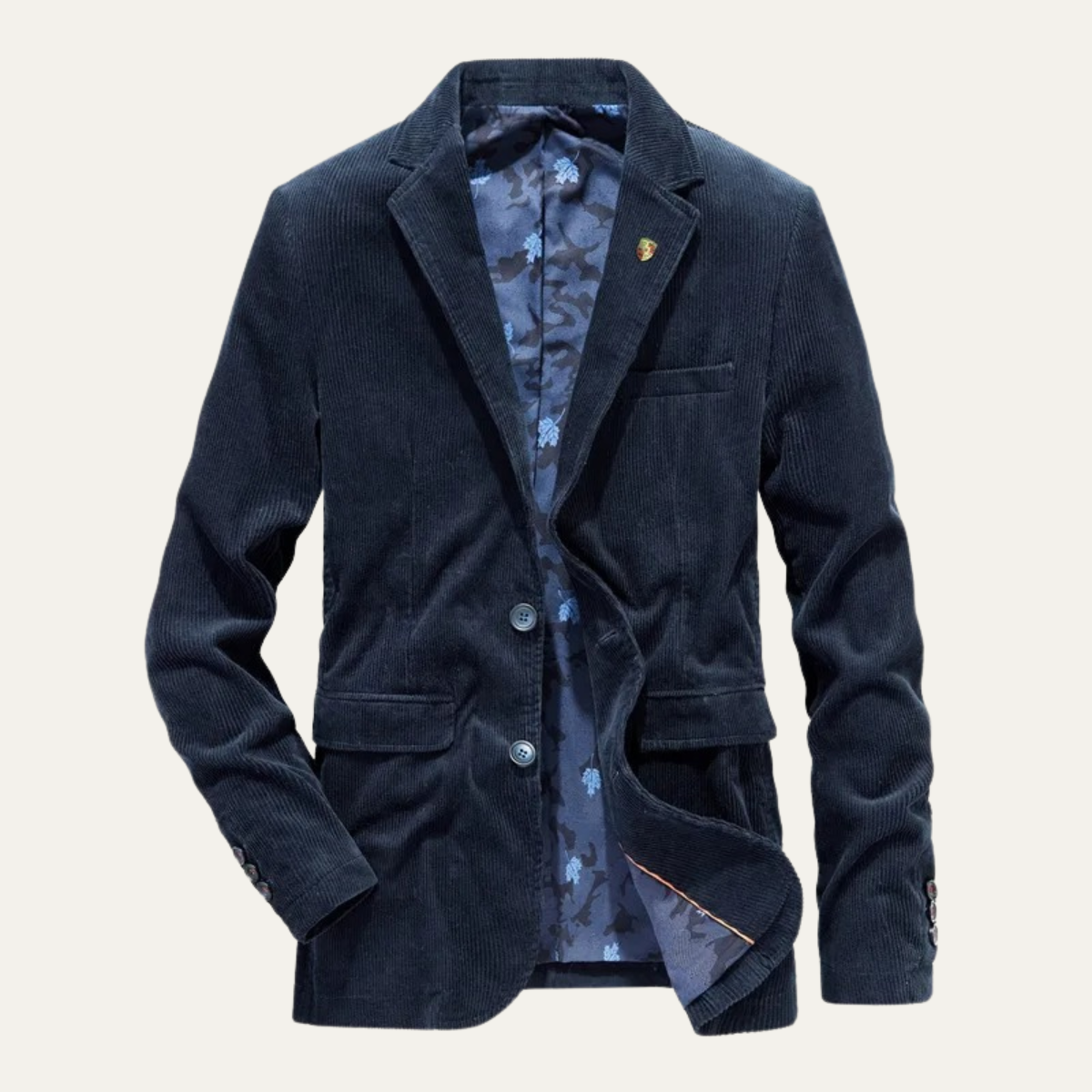 Navy corduroy blazer with patterned lining and notch lapel