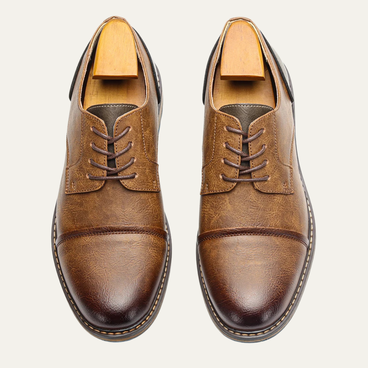 Men's lace-up leather Oxford shoes, brown leather with front laces and dark stitched edge