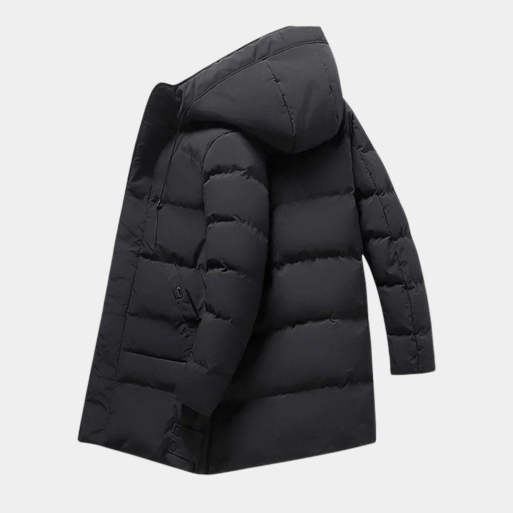 Black long hooded puffer jacket with quilted baffles and angled side view