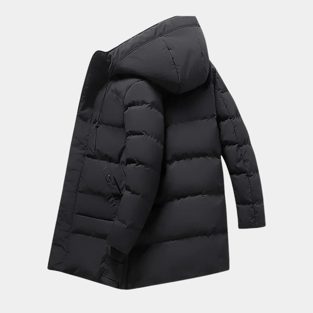 Black long hooded puffer jacket with quilted baffles and angled side view