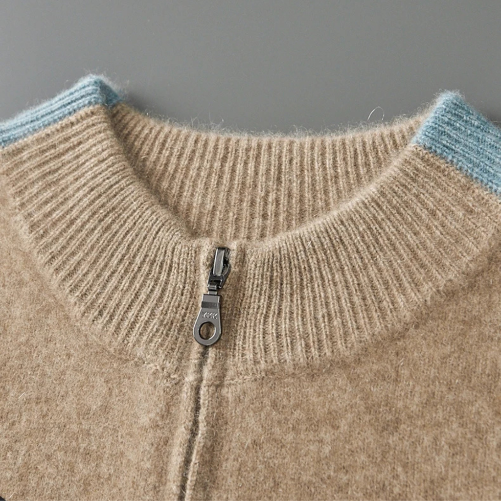 Men's cashmere zip-front sweater collar in khaki with metal zipper detail
