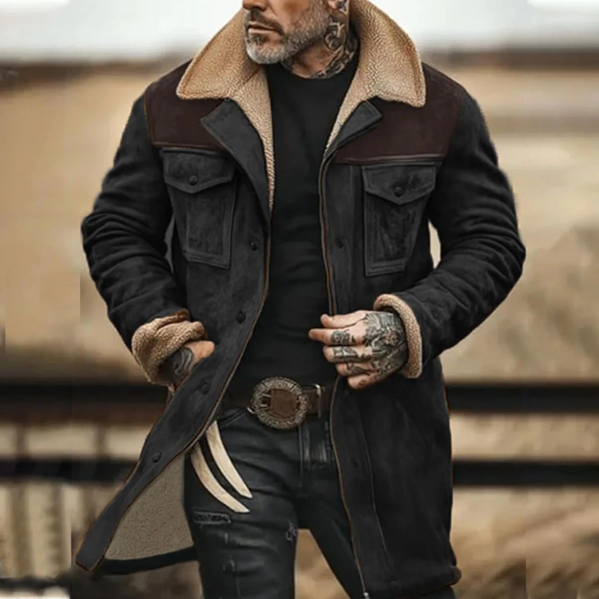 Suede sherpa-lined jacket in dark gray with tan sherpa collar and chest pockets