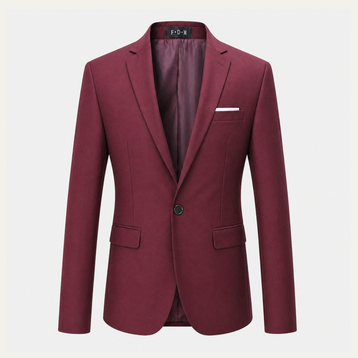 Men's classic single-breasted suit jacket, burgundy with chest pocket and pocket square