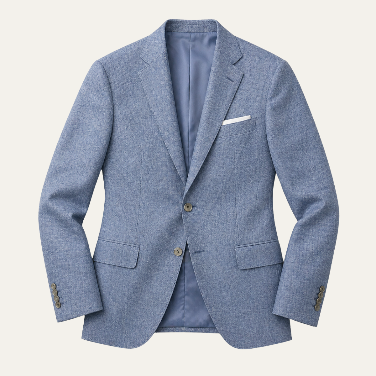 Men’s textured blue tailored blazer, notch lapel, two-button front, flap pockets, pocket square