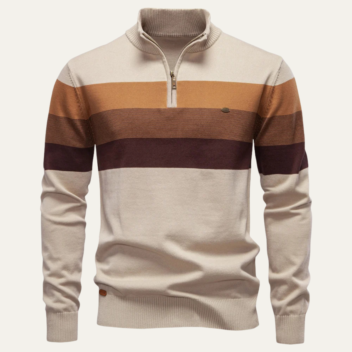 Cream mock-neck half-zip sweater with tan and brown stripe patchwork