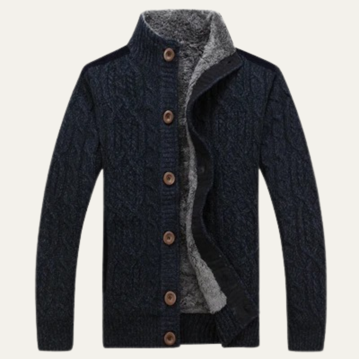 Men's fleece-lined wool cardigan, navy cable-knit with brown buttons and gray sherpa lining