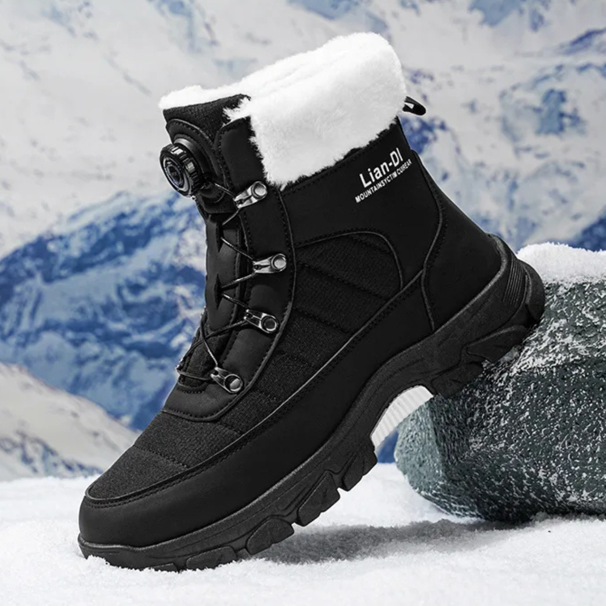 Men's black high-top snow boots with faux fur collar, lace-up closure, and grippy sole