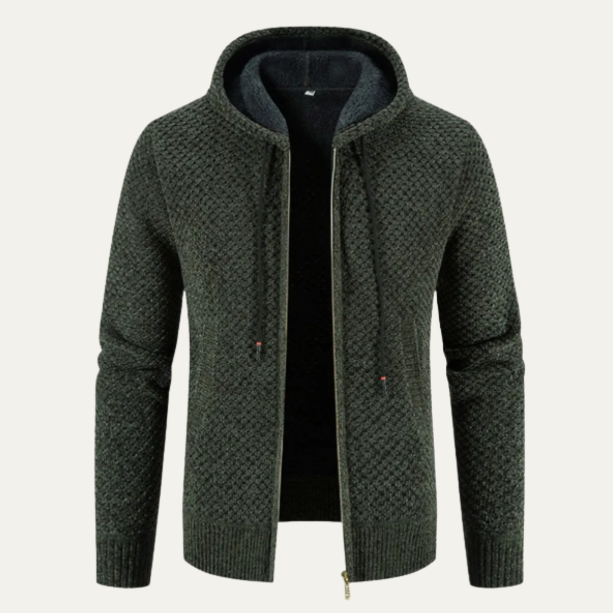 Dark green textured zip-up hoodie with hood and fleece lining, front zipper and kangaroo pocket