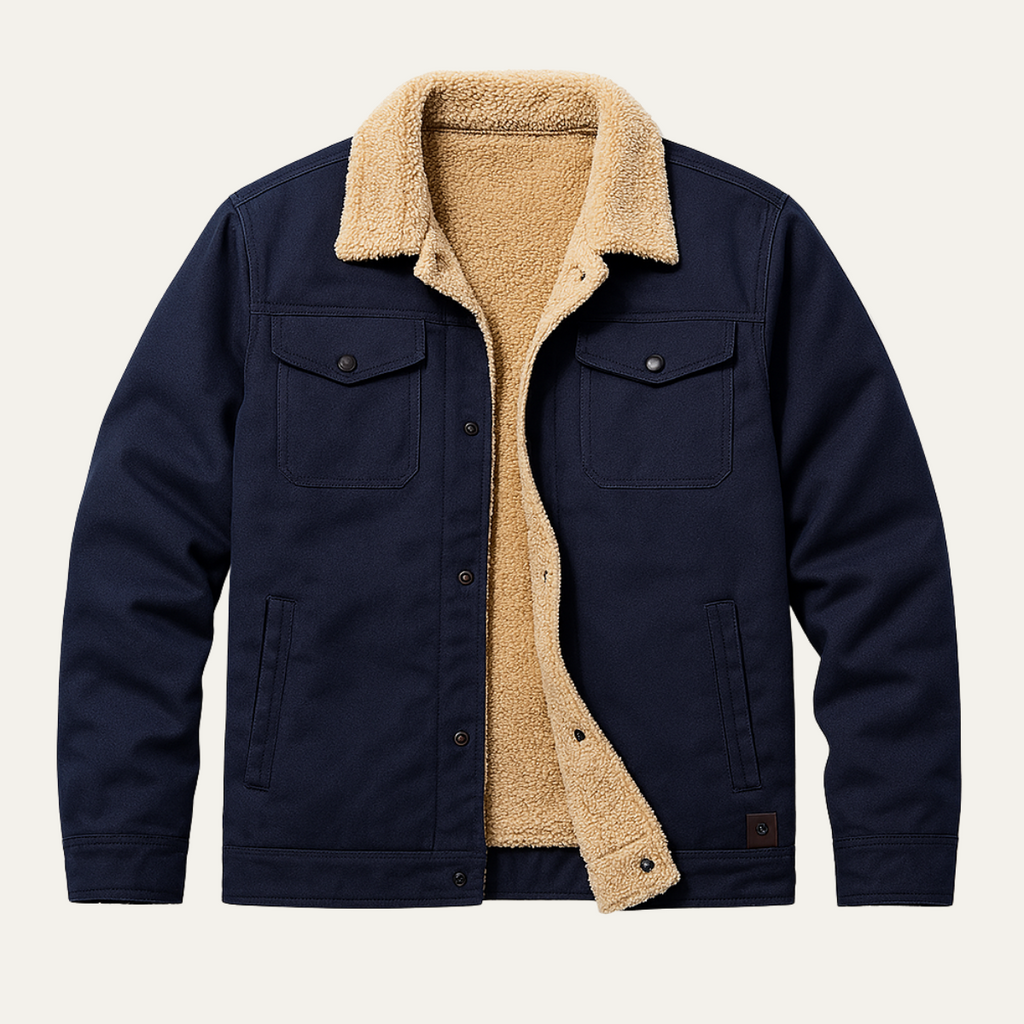 Men's navy outdoor jacket with tan sherpa fleece lining and snap front pockets