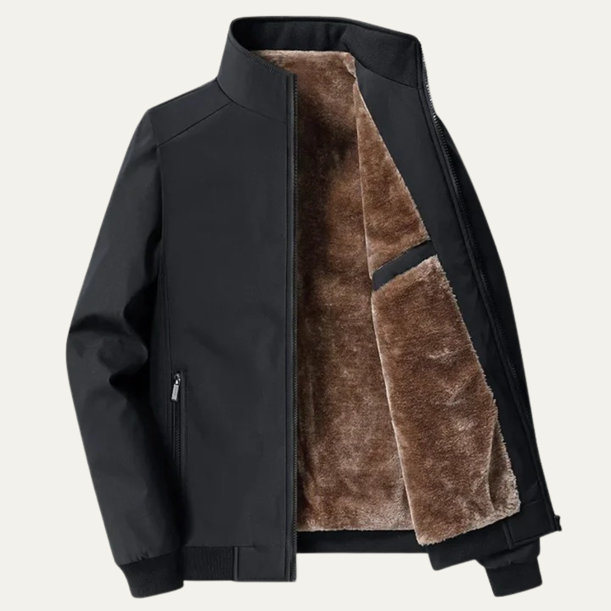 Dark blue men’s winter jacket with full-zip front and brown fleece interior lining.