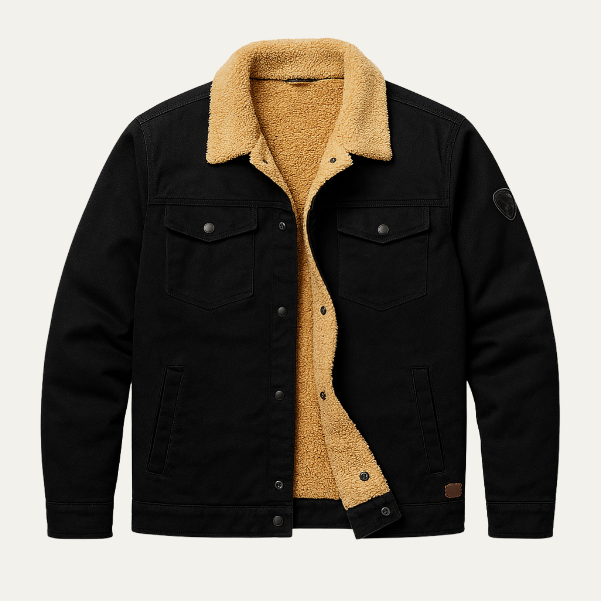 Men’s black fleece-lined outdoor jacket with sherpa collar and button front