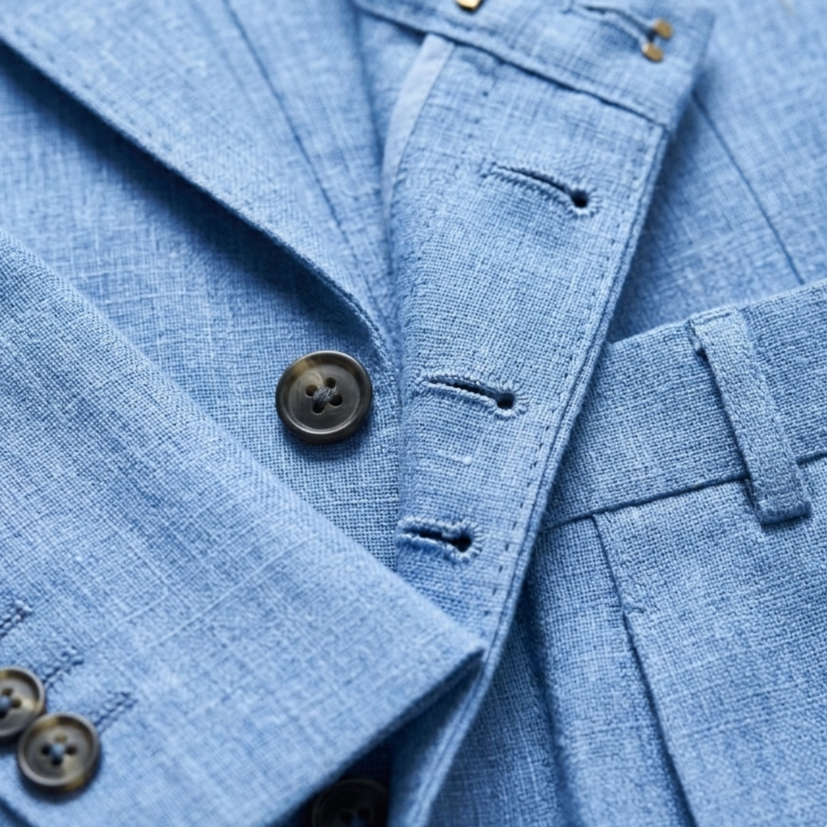 Light blue linen blazer lapel with buttons and pocket flap