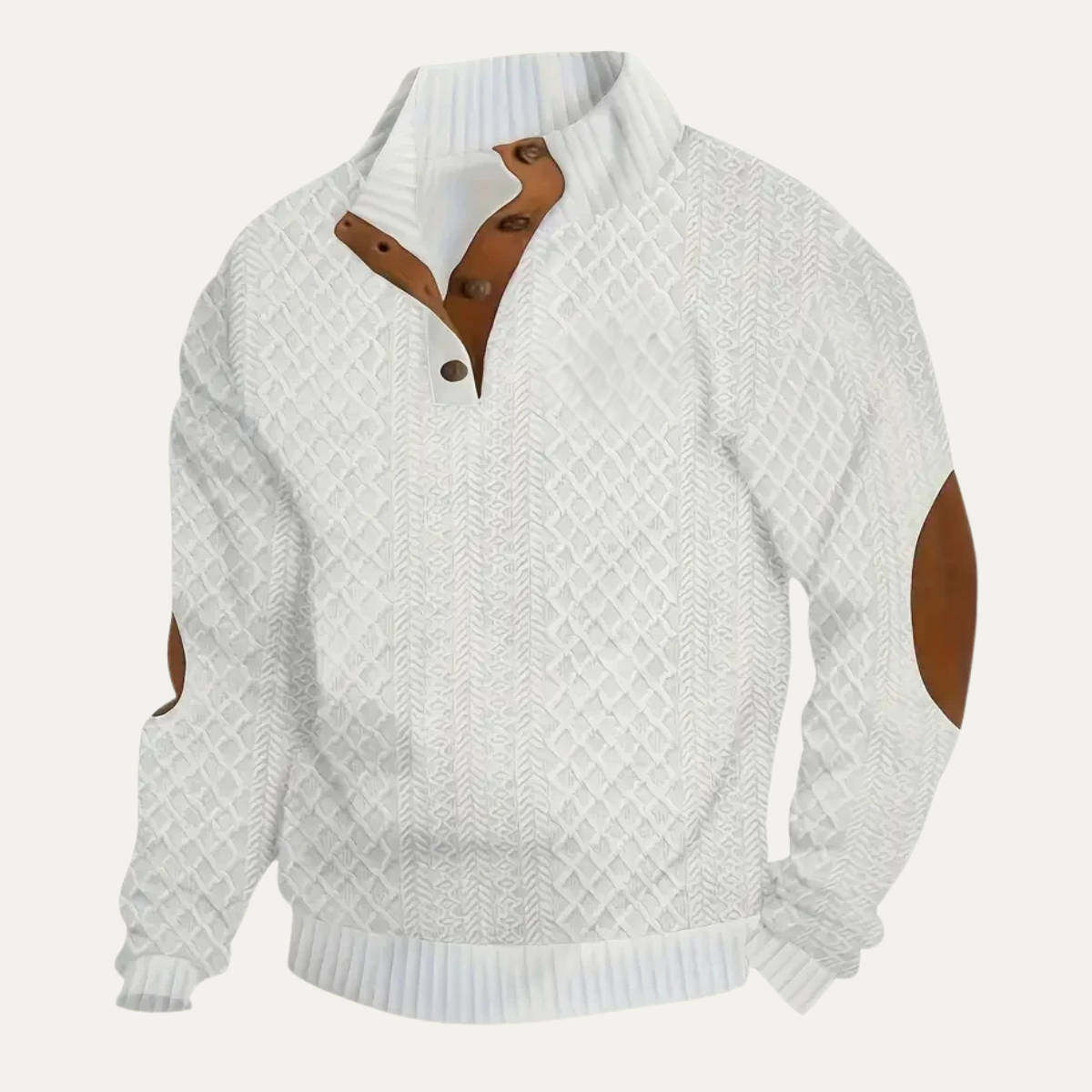 Men's patterned fleece sweater with suede elbow patches, buttoned half placket, white
