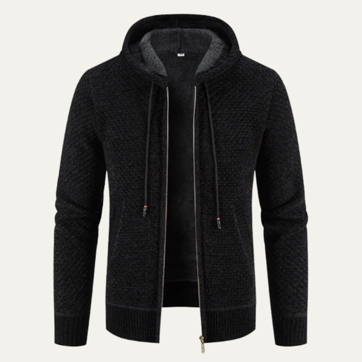 Black textured zip-up hoodie with hood and fleece lining, front zipper and kangaroo pocket
