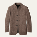 Men's warm fleece stand-collar blazer, brown textured knit, button front, side pockets