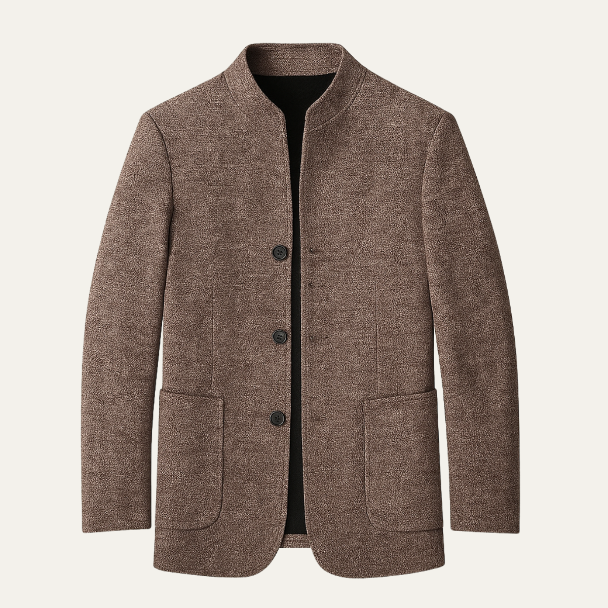 Men's warm fleece stand-collar blazer, brown textured knit, button front, side pockets