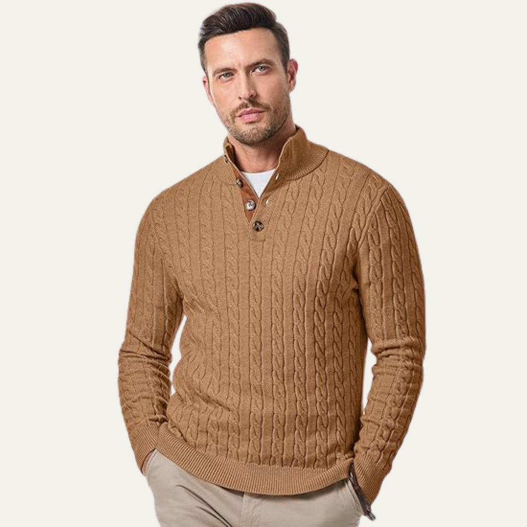 Men's cable-knit collar stand sweater in khaki, quarter-button placket, ribbed cuffs