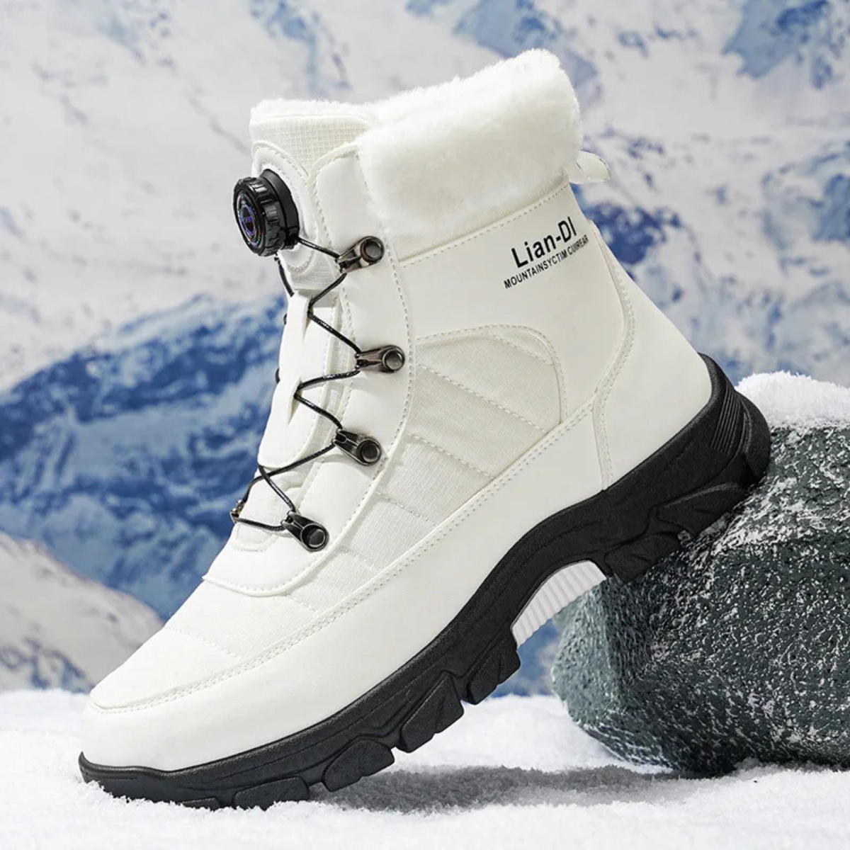 Men's white high-top snow boots with faux fur collar, lace-up front, and deep tread