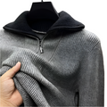 Close-up of men's quarter-zip sweater in heather gray knit with metal zipper