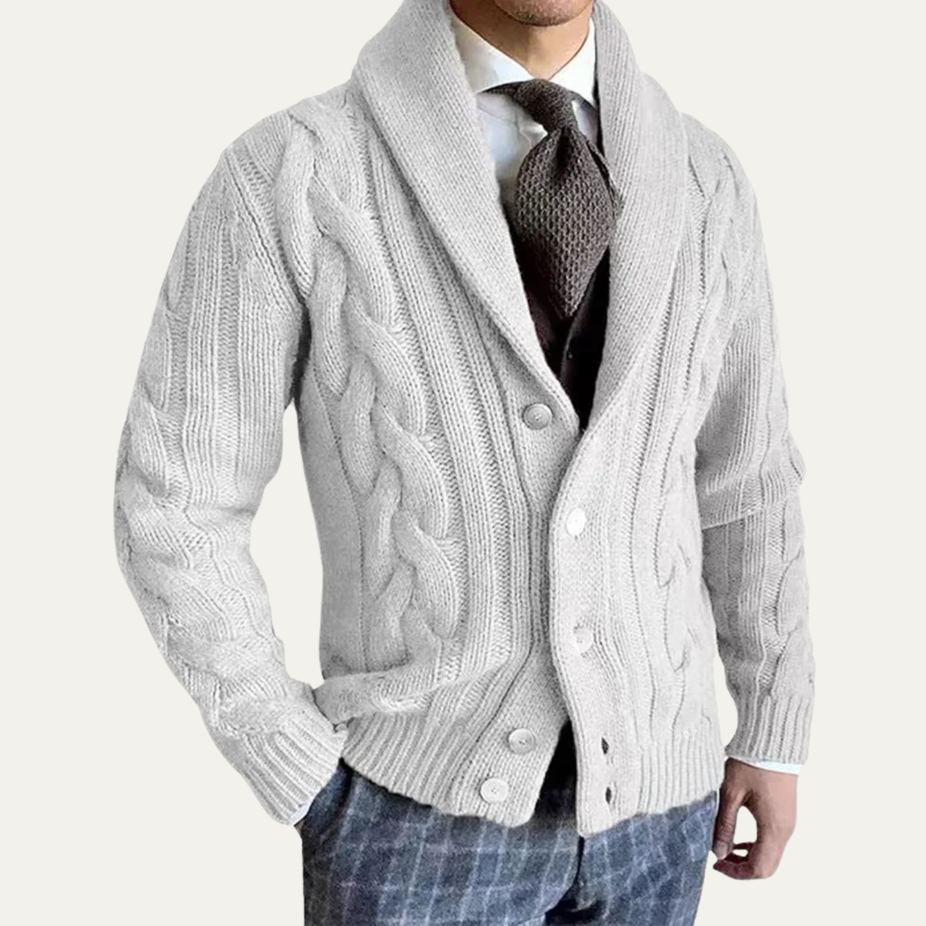 Light gray cable knit shawl-collar button cardigan, front open