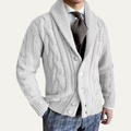 Light gray cable knit shawl-collar button cardigan, front open