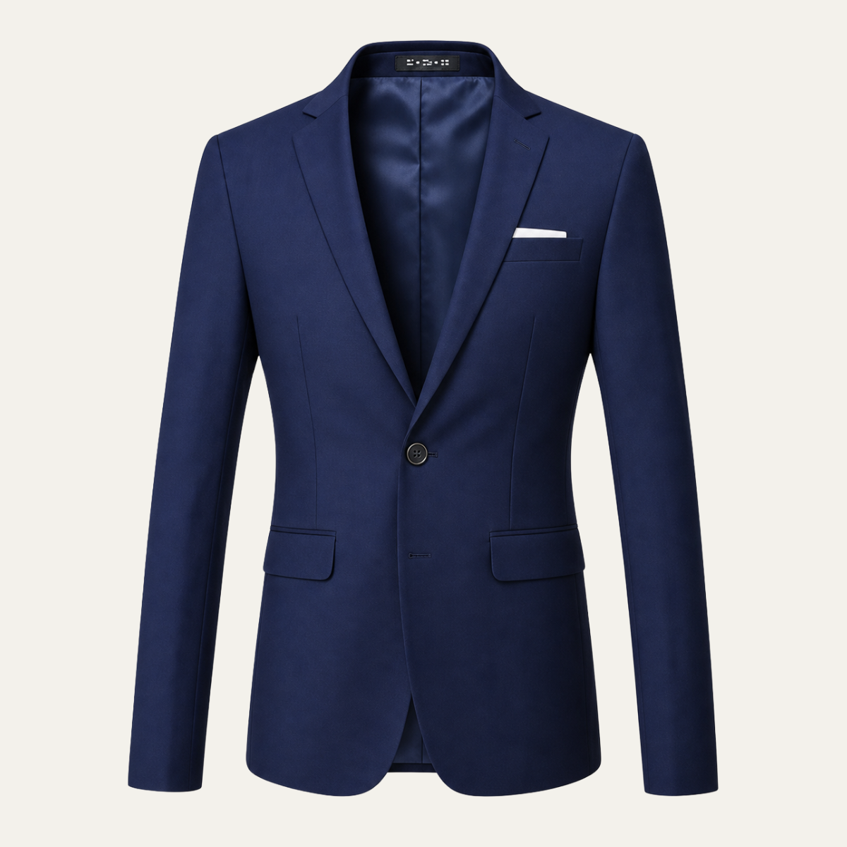 Men's classic single-breasted suit jacket, dark navy with chest pocket and pocket square