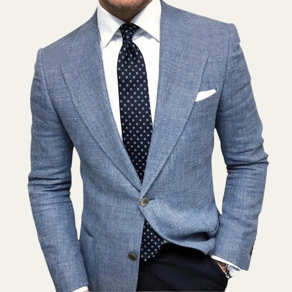 Men’s textured blue blazer front view, notch lapel, single-breasted two-button, breast pocket