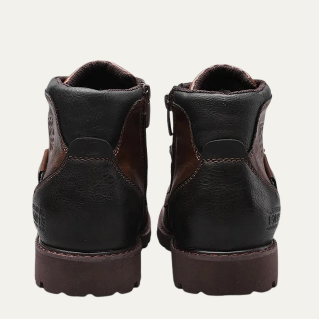 Men's dark combat leather boots with brown side panels and back pull tabs