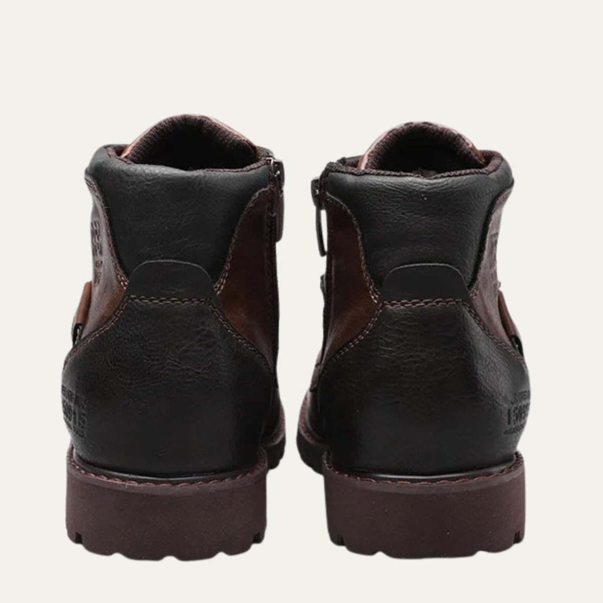 Men's dark combat leather boots with brown side panels and back pull tabs