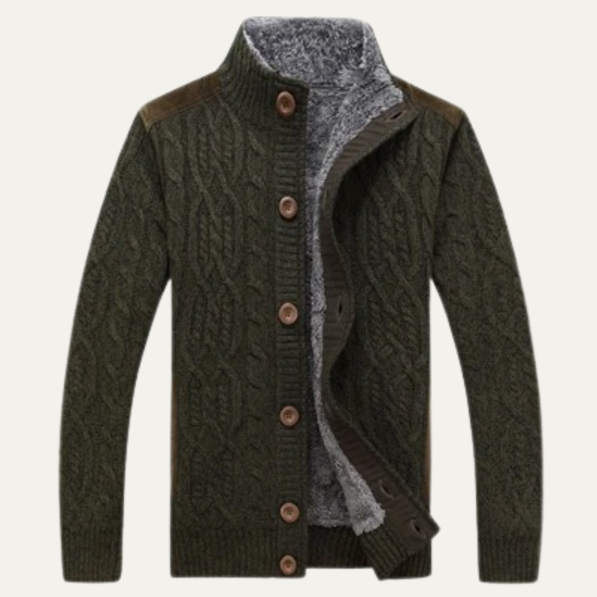 Men's fleece-lined wool cardigan, olive green cable-knit, gray sherpa lining and brown buttons