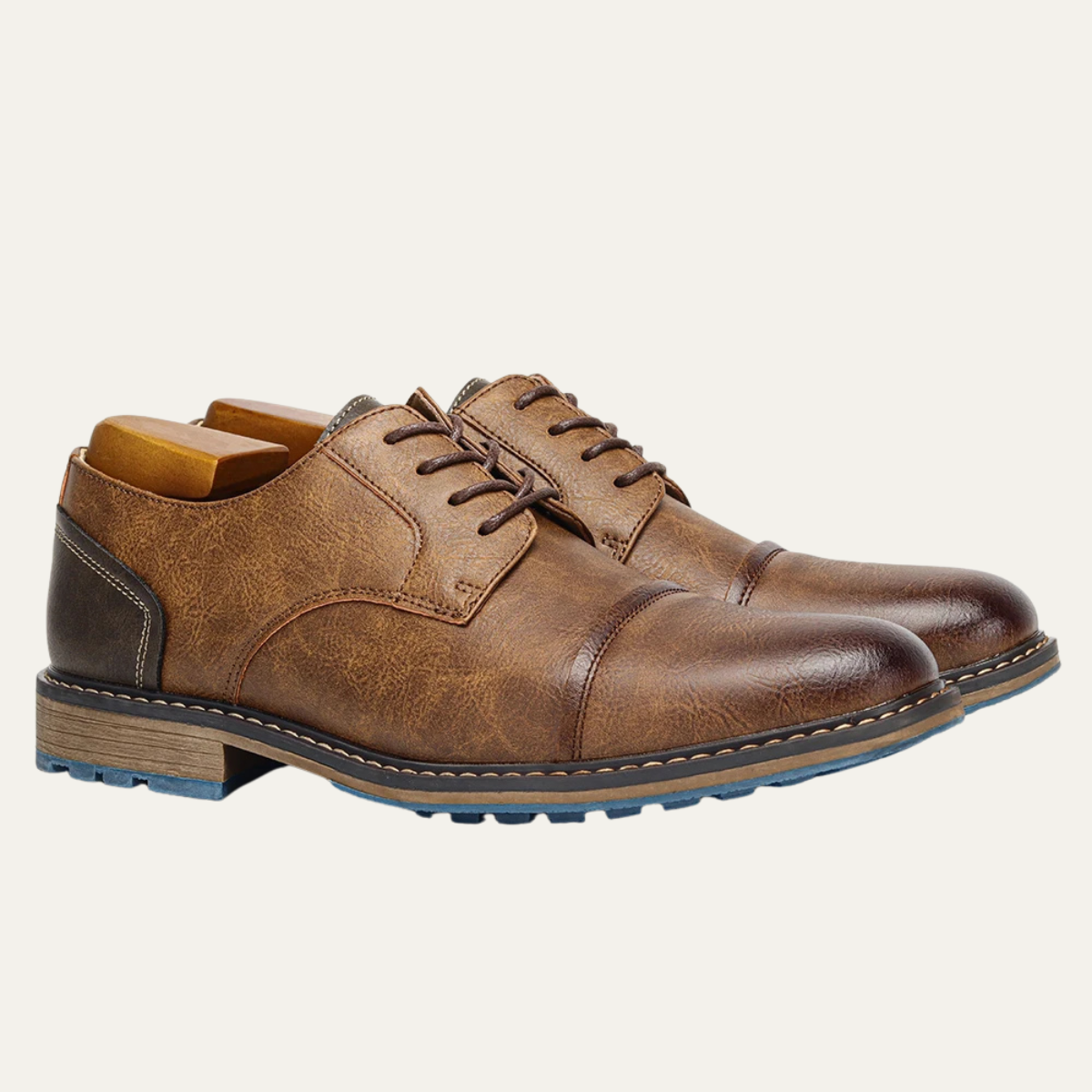 Men's lace-up leather Oxford shoes, brown leather with stitched seams and blue rubber sole