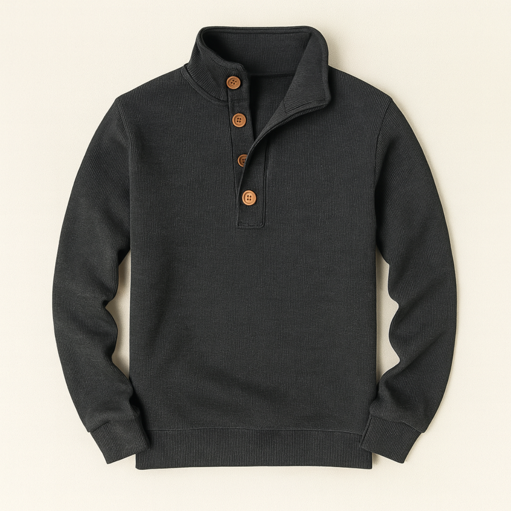 Men's gray knit sweater with button mock neck placket and ribbed cuffs