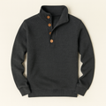 Men's gray knit sweater with button mock neck placket and ribbed cuffs