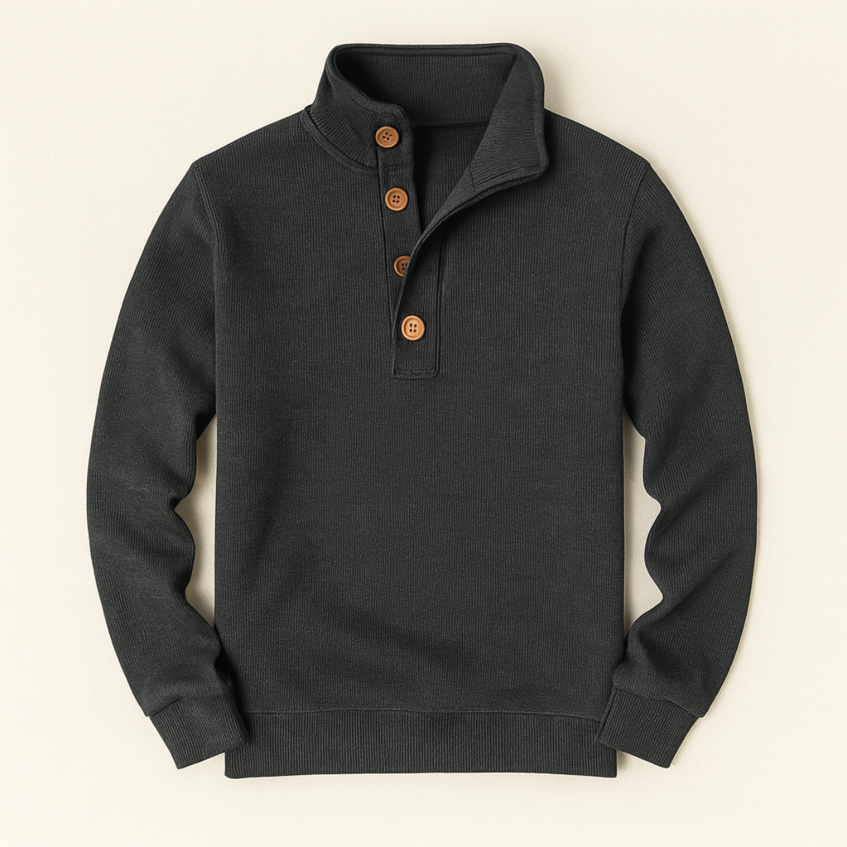 Men's gray knit sweater with button mock neck placket and ribbed cuffs
