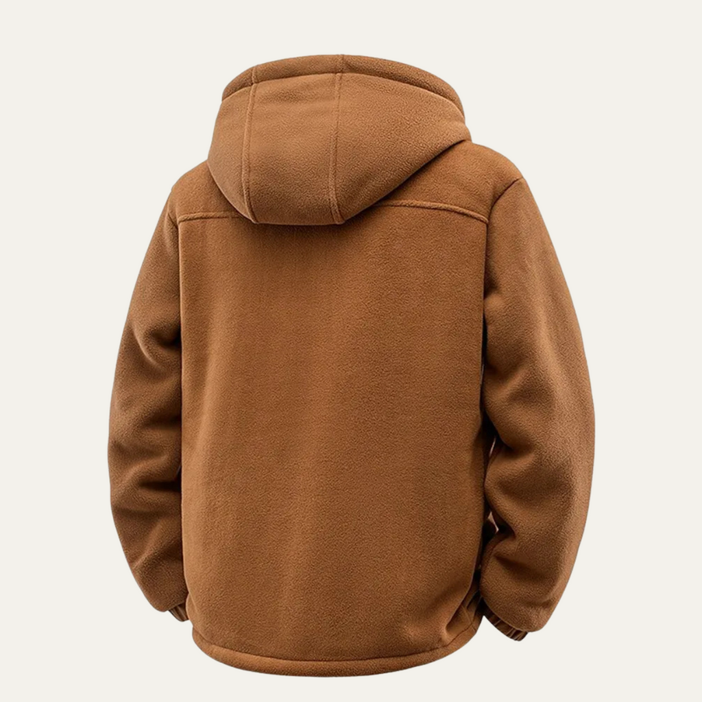 Men's fleece-lined hooded jacket, tan; back view with wide hood and zip pocket details