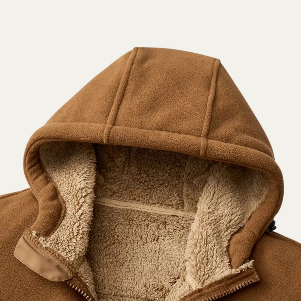 Men's fleece-lined hooded jacket, tan; close-up of hood lining and top seam