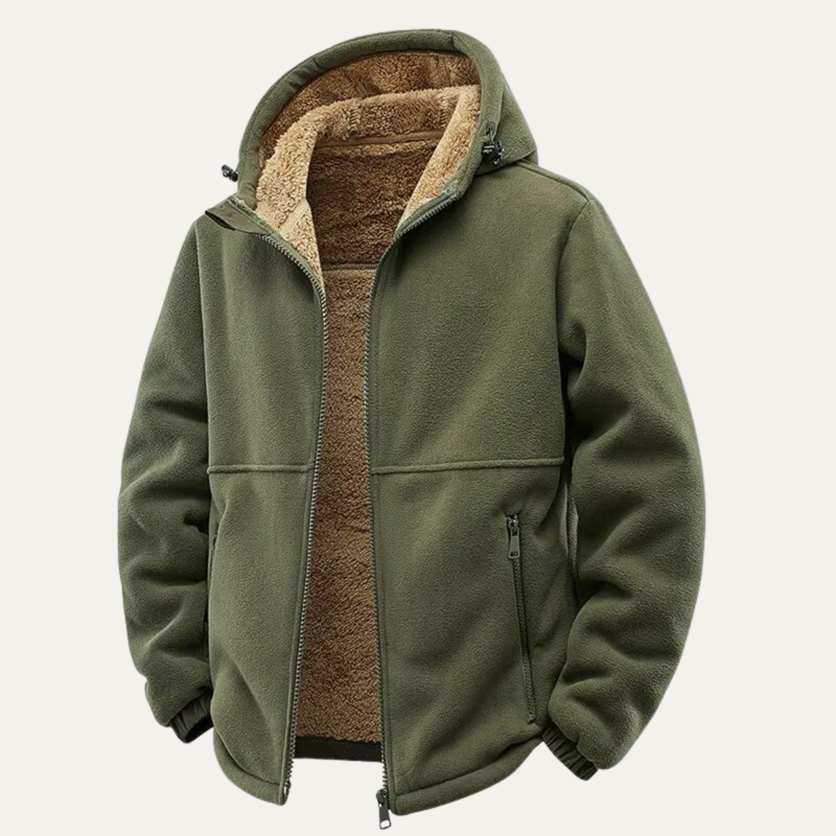 Men's fleece-lined hooded jacket, olive green with sherpa hood lining and zip hand pockets