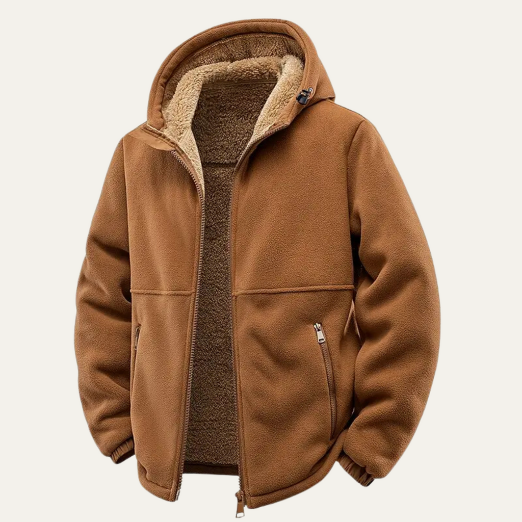 Men's fleece-lined hooded jacket, tan with sherpa hood lining and side zipper pockets