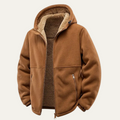 Men's fleece-lined hooded jacket, tan with sherpa hood lining and side zipper pockets