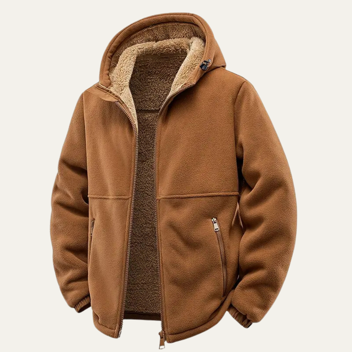 Men's fleece-lined hooded jacket, tan with sherpa hood lining and side zipper pockets