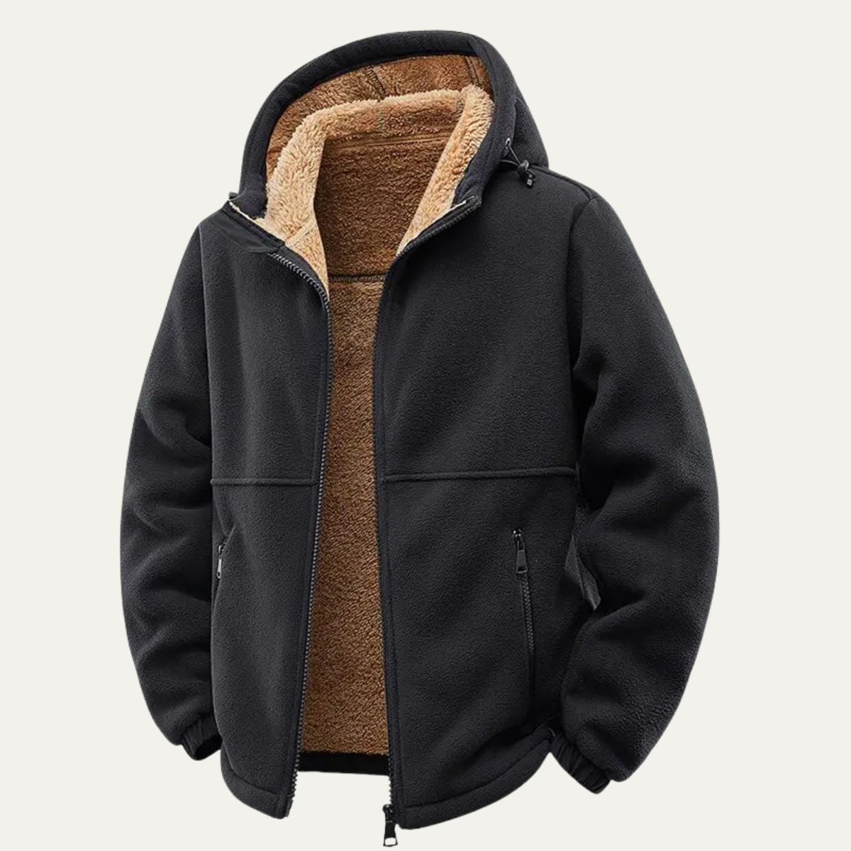 Men's fleece-lined hooded jacket, dark charcoal with sherpa-lined hood and full-zip front