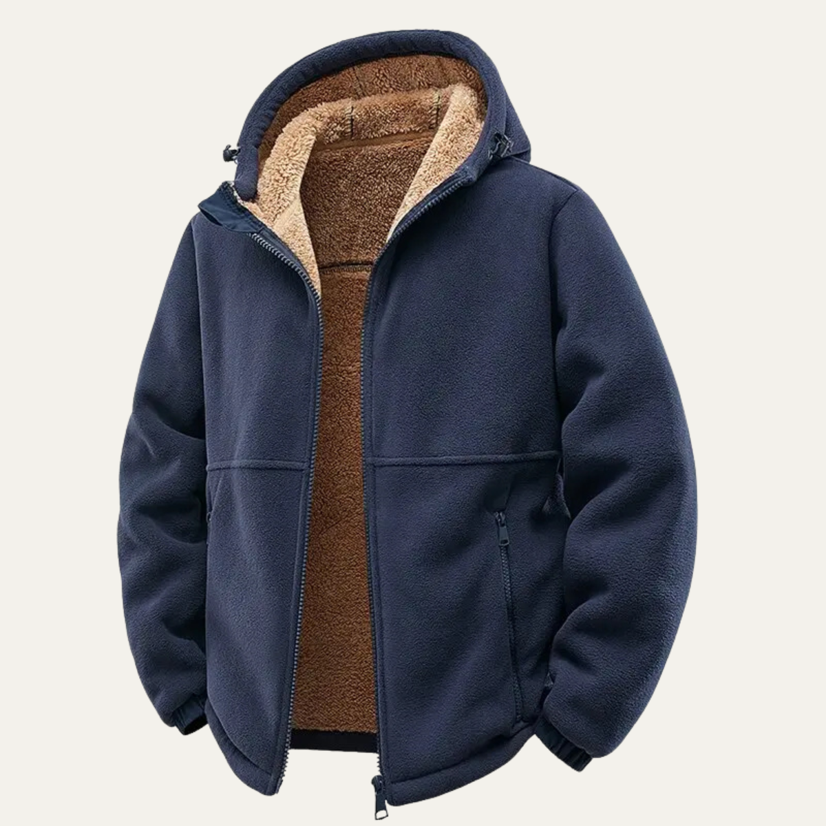 Men's fleece-lined hooded jacket, navy with sherpa hood lining and zip hand pockets