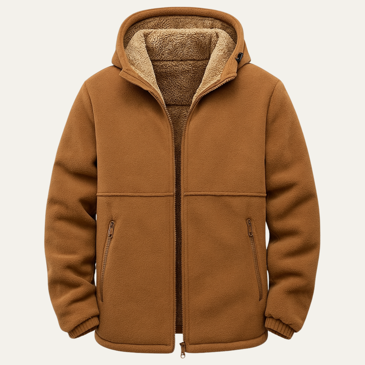 Men's fleece-lined hooded jacket, tan with full-zip front and sherpa-lined hood