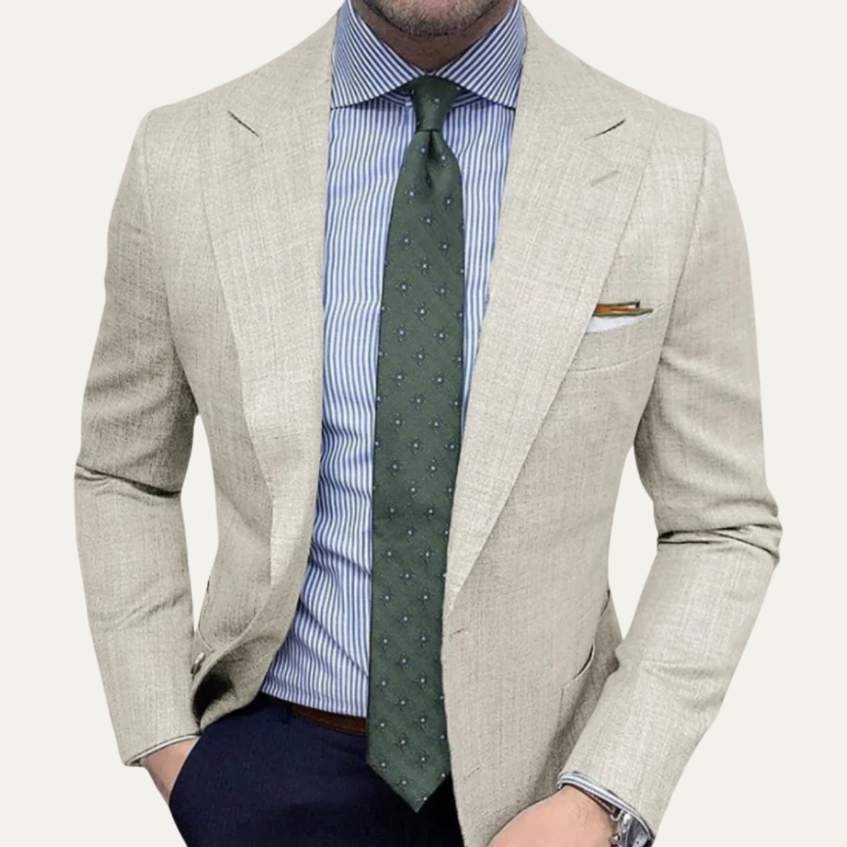 Men’s textured beige tailored blazer, notch lapel, two-button front, breast pocket