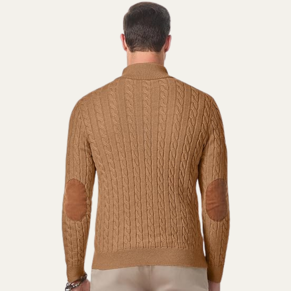 Men's khaki cable-knit collar stand sweater, cable-knit back view, ribbed hem