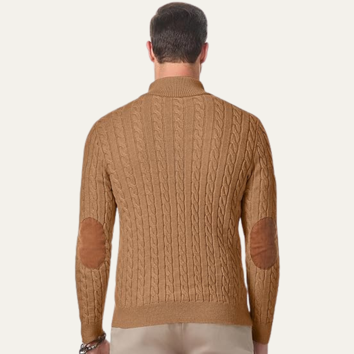 Men's khaki cable-knit collar stand sweater, cable-knit back view, ribbed hem